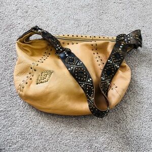 Betsey Johnson Tan Soft Leather Studded Shoulder Bag, Excellent Condition